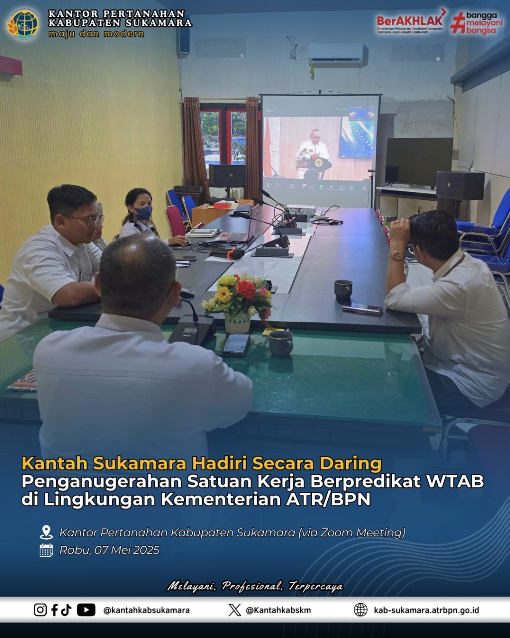 Kantah Sukamara Hadiri Secara Daring Penganugerahan Satuan Kerja Berpredikat WTAB di Lingkungan Kementerian&nbsp;ATR/BPN