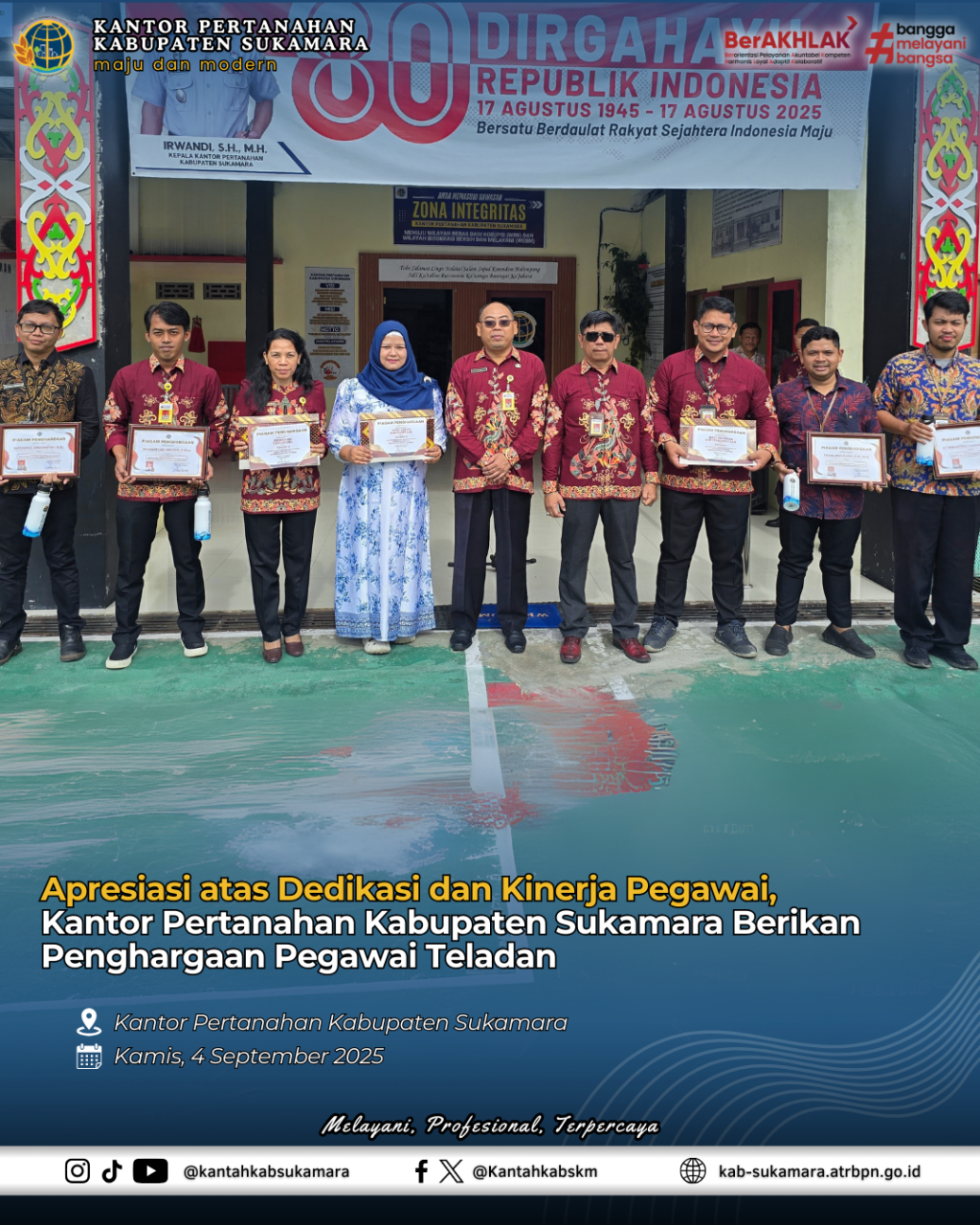 Apresiasi atas Dedikasi dan Kinerja Pegawai, Kantor Pertanahan Kabupaten Sukamara Berikan Penghargaan Pegawai Teladan&nbsp;(2)