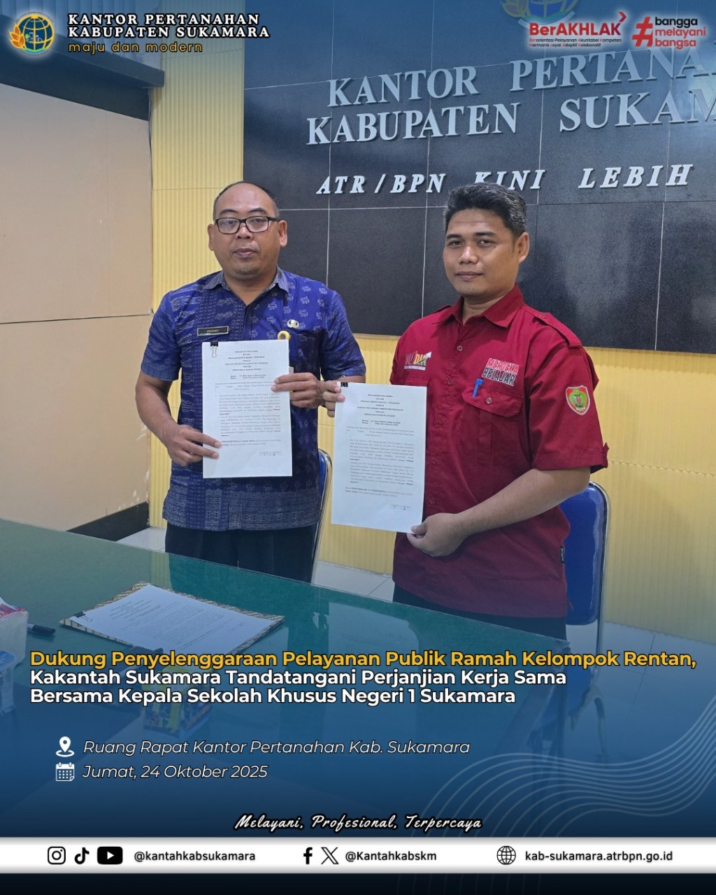 Dukung Penyelenggaraan Pelayanan Publik Ramah Kelompok Rentan, Kakantah Sukamara Tandatangani Perjanjian Kerja Sama Bersama Kepala Sekolah Khusus Negeri 1&nbsp;Sukamara