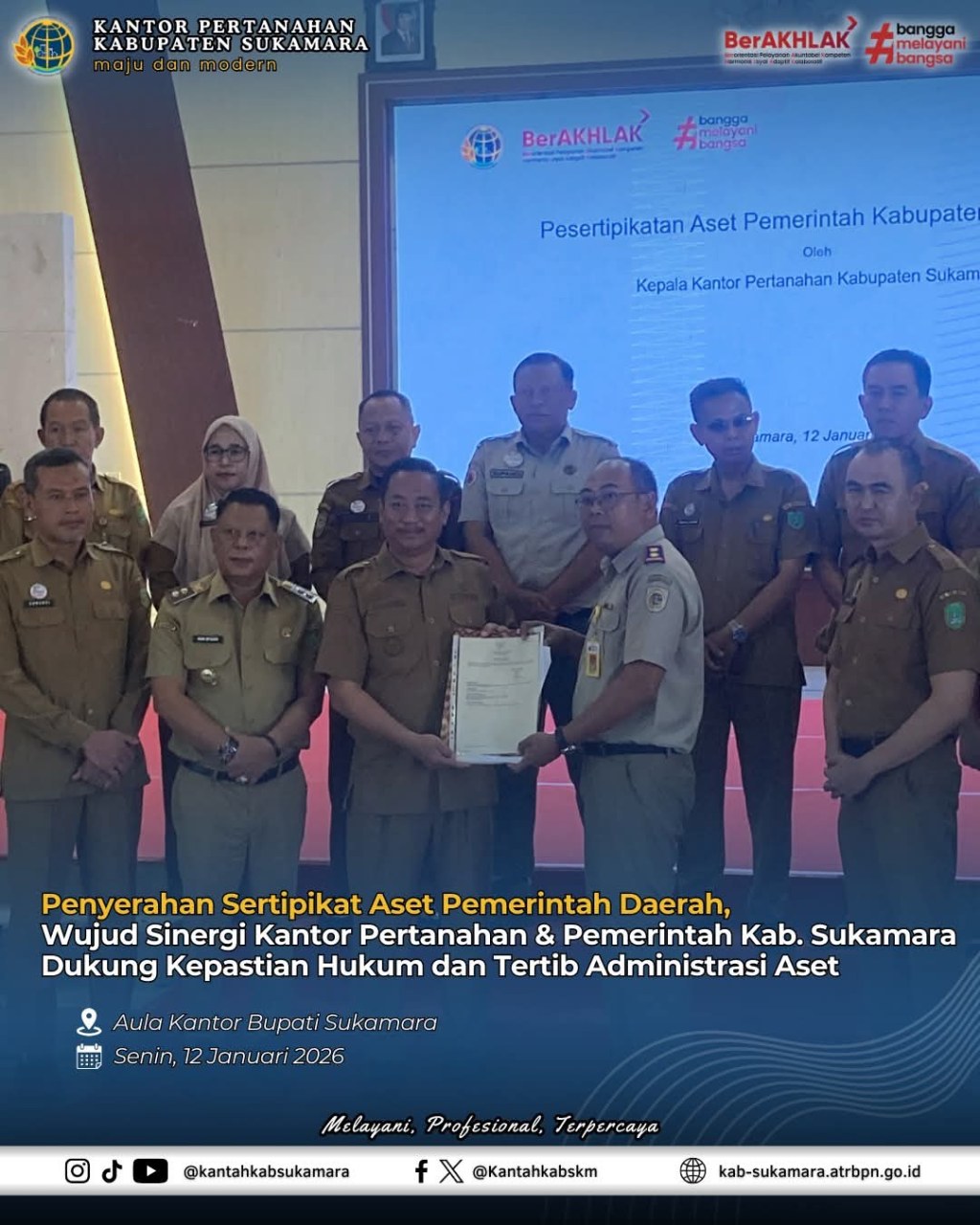 Penyerahan Sertipikat Aset Pemerintah Daerah, Wujud Sinergi Kantor Pertanahan dan Pemerintah Kabupaten Sukamara Dukung Kepastian Hukum dan Tertib Administrasi&nbsp;Aset