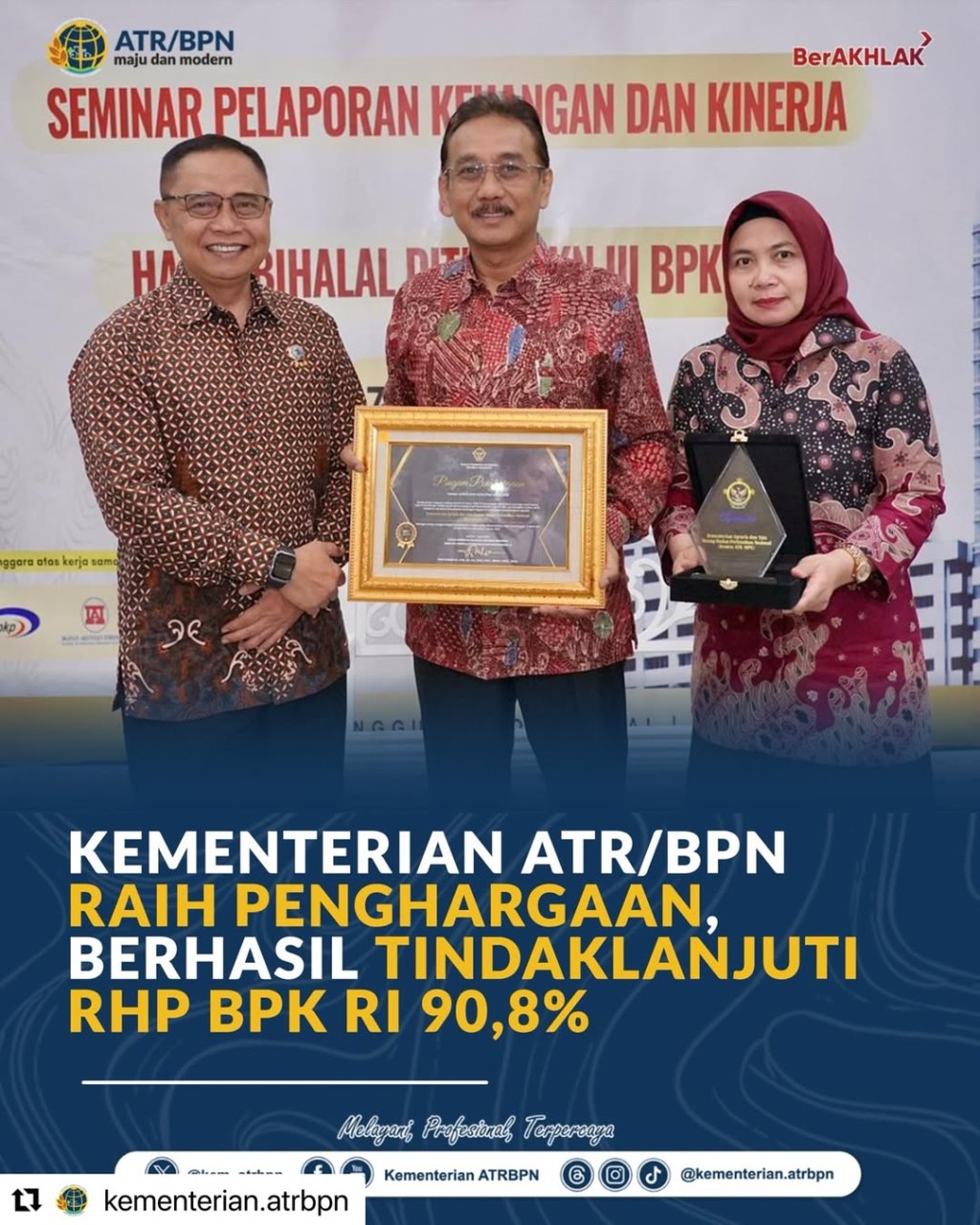 Kementerian ATR/BPN Raih Penghargaan Berhasil Tindaklanjuti RHP BPK RI&nbsp;90,8%