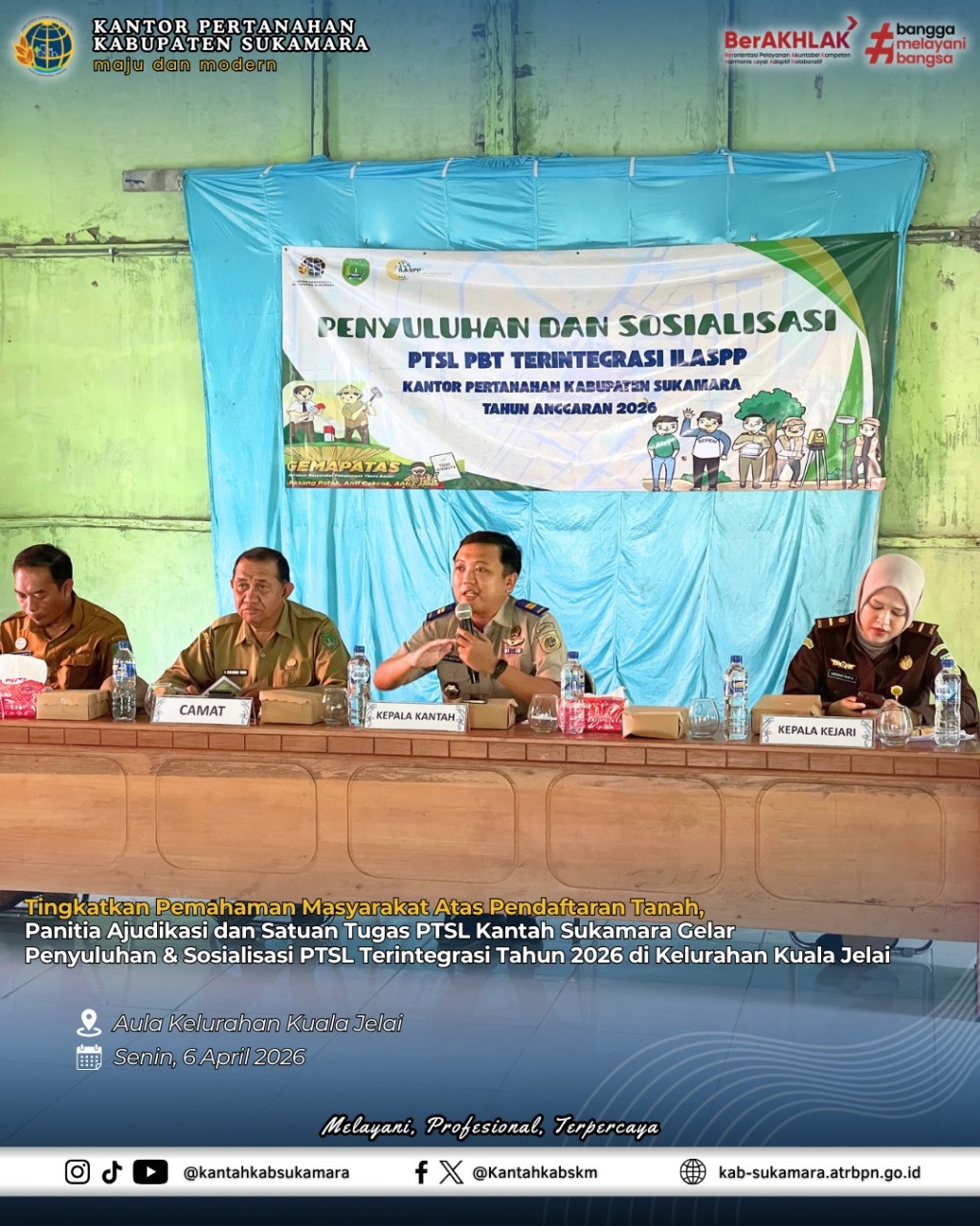 Tingkatkan Pemahaman Masyarakat Atas Pendaftaran Tanah, Panitia Ajudikasi dan Satuan Tugas PTSL Kantah Sukamara Gelar Penyuluhan & Sosialisasi PTSL Terintegrasi Tahun 2026 di Kelurahan Kuala Jelai