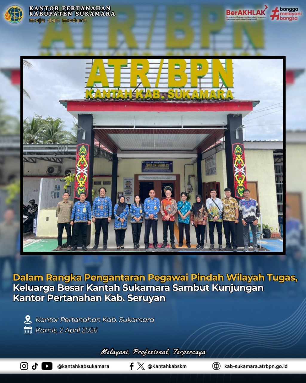 Dalam Rangka Pengantaran Pegawai Pindah Wilayah Tugas, Keluarga Besar Kantah Sukamara Sambut Kunjungan Kantor Pertanahan Kabupaten&nbsp;Seruyan