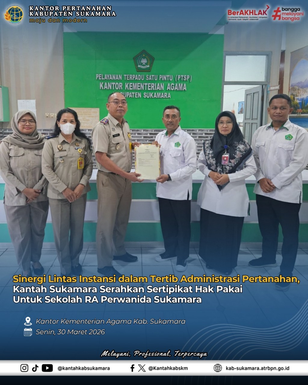 Sinergi Lintas Instansi dalam Tertib Administrasi Pertanahan, Kantah Sukamara Serahkan Sertipikat Hak Pakai untuk Sekolah RA Perwanida Sukamara