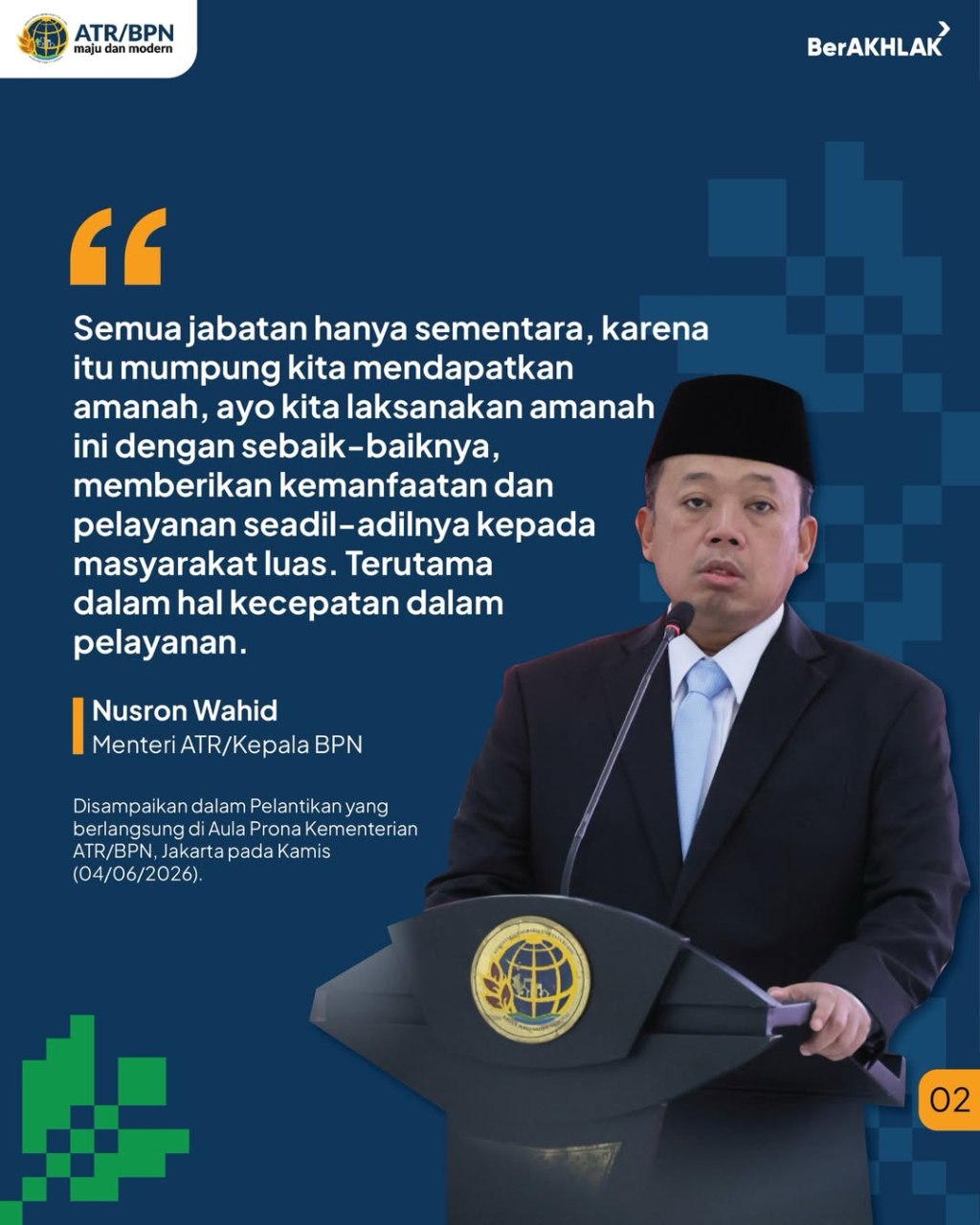 Menteri ATR/Kepala BPN, Nusron Wahid, melantik dan mengambil sumpah/janji jabatan 130 pejabat di lingkungan Kementerian&nbsp;ATR/BPN