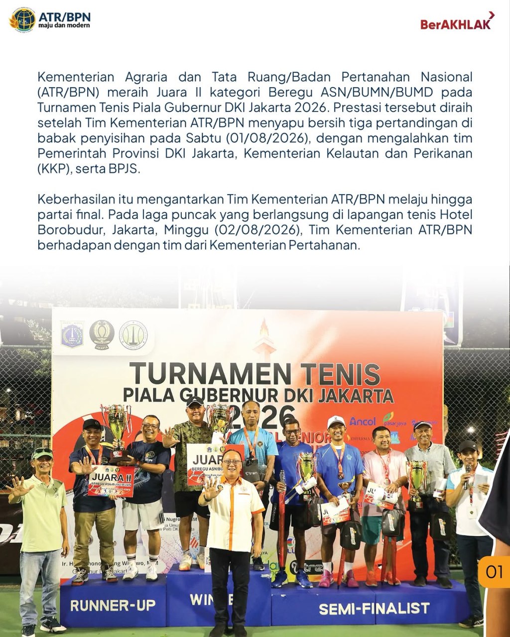 Kementerian ATR/BPN Raih Juara II Turnamen Tenis Piala Gubernur DKI Jakarta&nbsp;2026