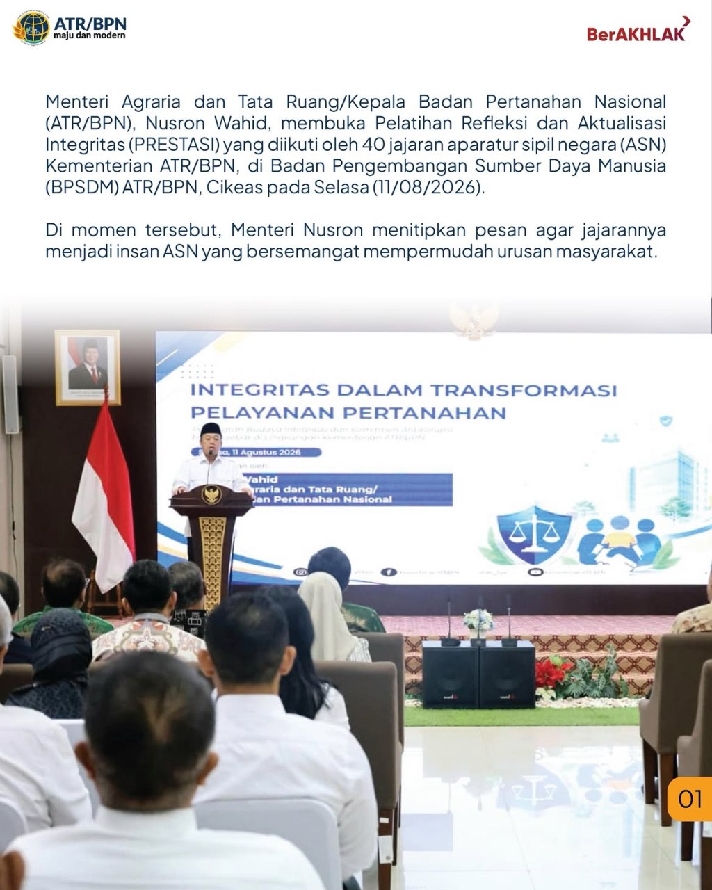 Menteri ATR/BPN Membuka Pelatihan Refleksi dan Aktualisasi Integritas&nbsp;(PRESTASI)