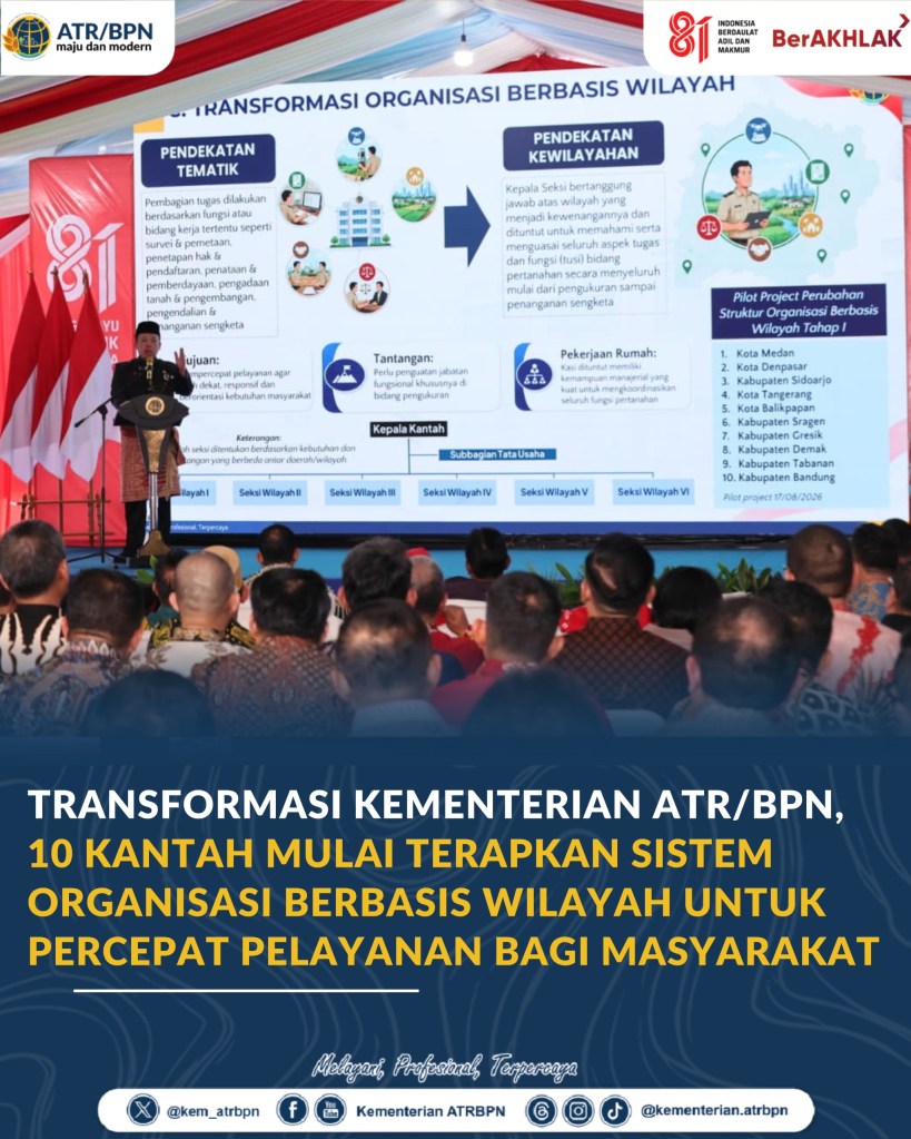 Transformasi Kementerian ATR/BPN, 10 Kantah Mulai Terapkan Sistem Organisasi Berbasis Wilayah untuk Percepat Pelayanan bagi&nbsp;Masyarakat